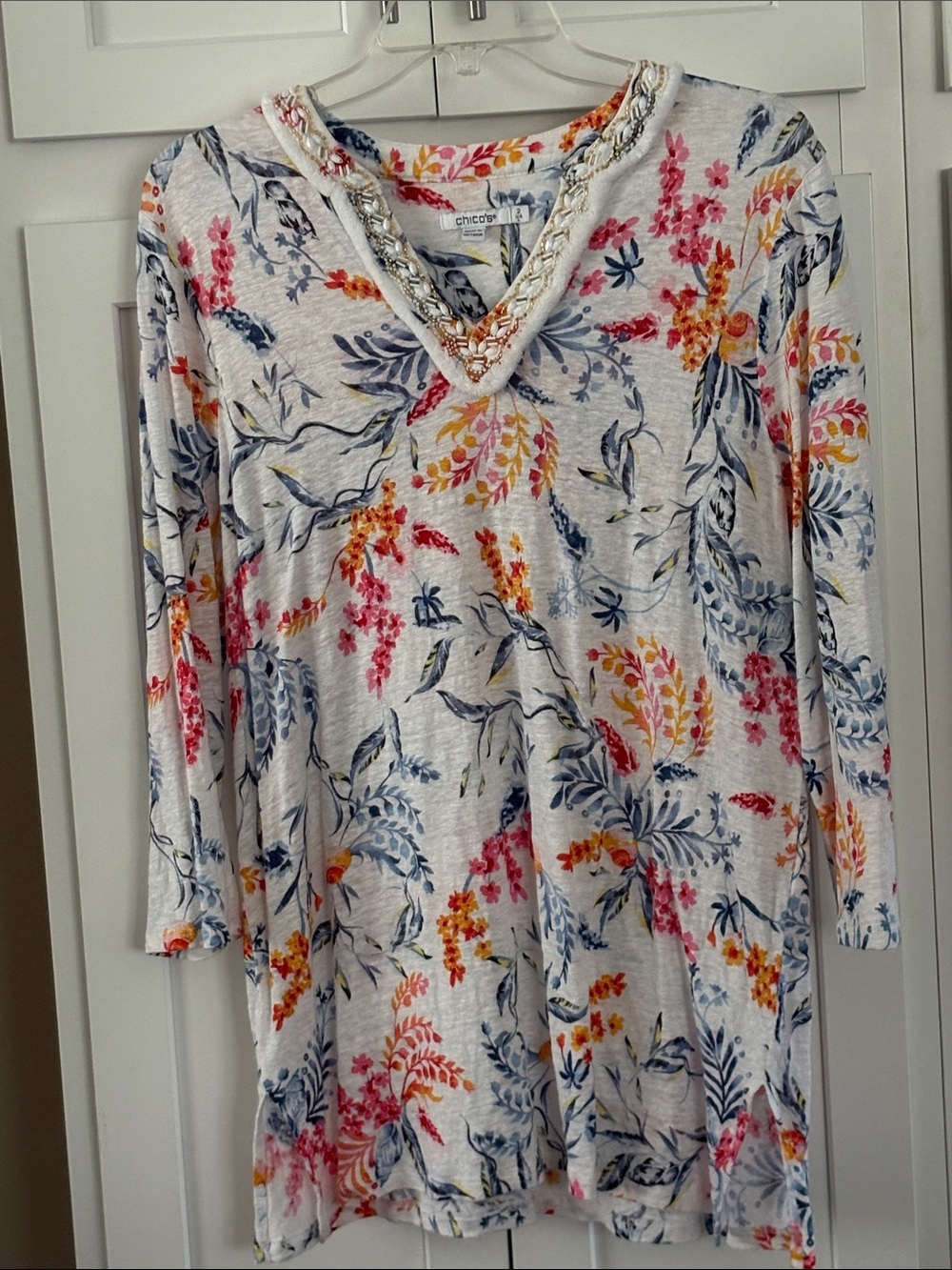 Chico's White V-Neck Tunic with Pink, Yellow and Blue Floral Print